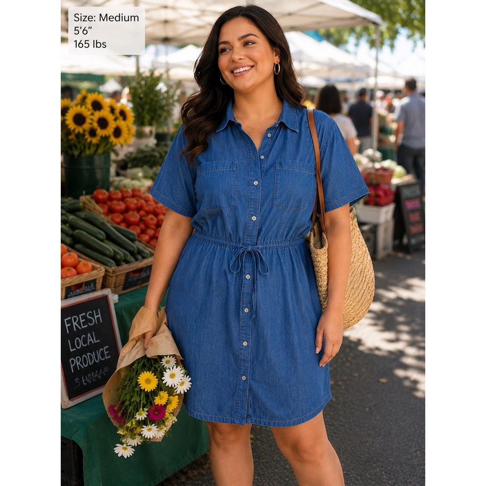 Studio West Womans Dress Sz Small Solid Shirt Dress Short Sleeve Chambray Blue - Picture 1 of 8
